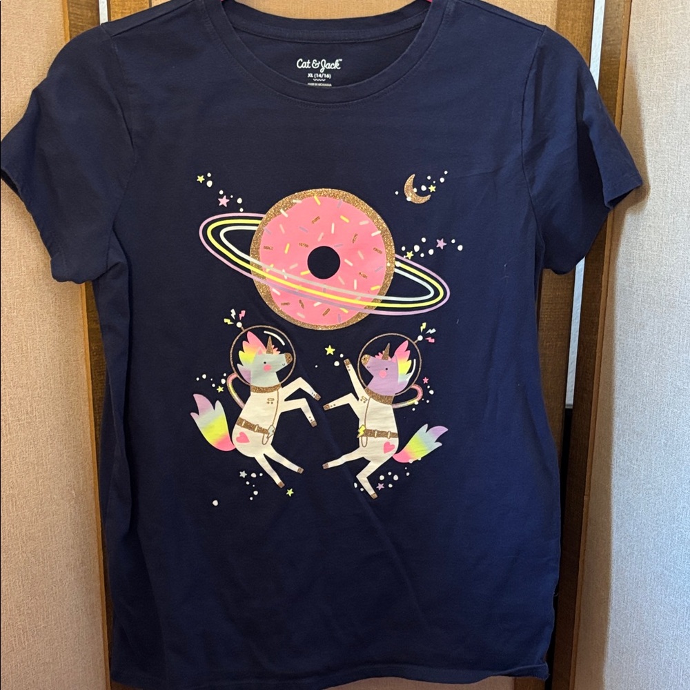 Cat & Jack Navy Tee with Unicorns and Donut Graphic xl